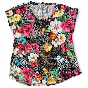 Johnny Was Sandra Leopard Multicolor Floral and Animal Print Top Small
